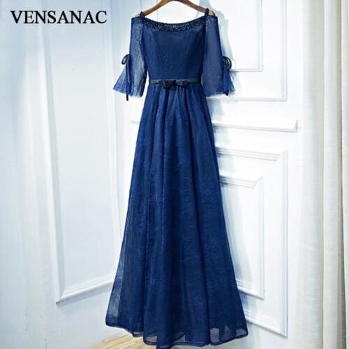 VENSANAC 2018 Elegant A Line Lace Embroidery Long Evening Dresses Party O Neck Crystal Bow Sash Half Sleeve Prom Gowns