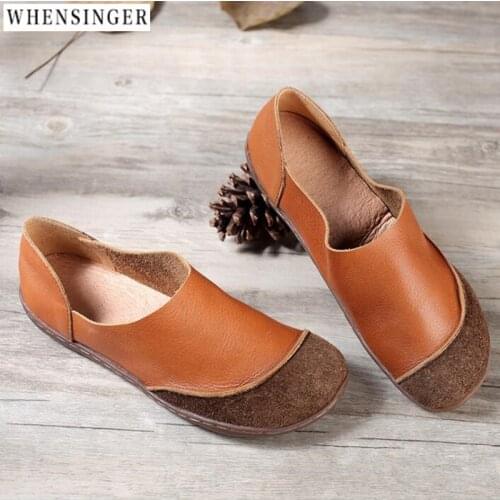 Whensinger - Women Flat Shoes loafers Genuine Leather Casual Splice Comfortable Driving Ventilation Flats Shoe