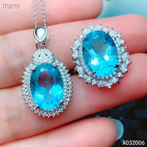 KJJEAXCMY Fine Jewelry 925 Sterling Silver Inlaid Natural Blue Topaz Gemstone lovely Ring Necklace Pendant Set Support test