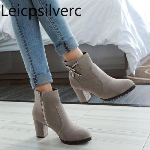 Womens Boots The New Autumn And Winter Round head fashion zipper Crystal High heel Short tube Womens shoes plus size 32-43