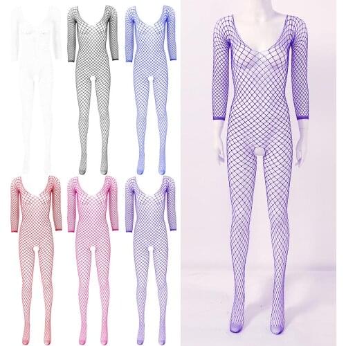 Women Stockings Hollow Out Fishnet Pantyhose Crotchless Sexy Lingerie Long Sleeves Closed Toes Stretchy Full Body Stocking Femme