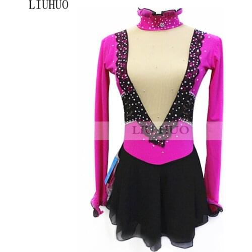 Figure Skating Dress Womens Girls' Ice Skating Dress Long sleeved collar Red and black collocation design Black lace decoration