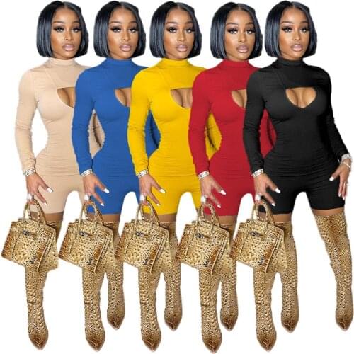 Autumn Solid Short Jumpsuit Women Sexy Cut out Long Sleeve Playsuit Bodysuit Casual Skinny Bodycon Rompers Loungewear 2021