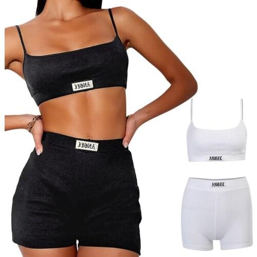 2Set Summer Women Set Spaghetti Strap Crop Top And Mini Biker Shorts Embroidered Two Piece Sets S White/Black