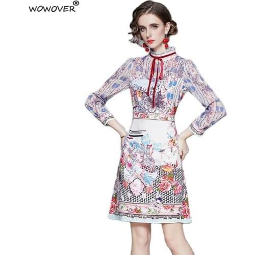 Runway Fashion Designer Ruffled Collar Cartoon Print Spring Dresses for Women 2021 Bowknot Ribbon Vintage Casual Robe Femme