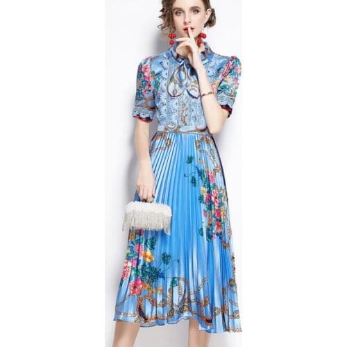 Womens spring summer short sleeve vintage flower print pleated dress female runway fashion high waist plus size dress TB753