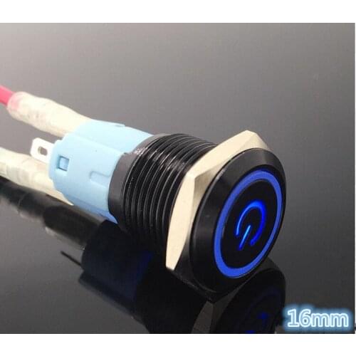 1pcs self-locking Waterproof 16mm 6v12V24v220v self-locking Push Button Power Black Metal Switch colour LED light Power symbol