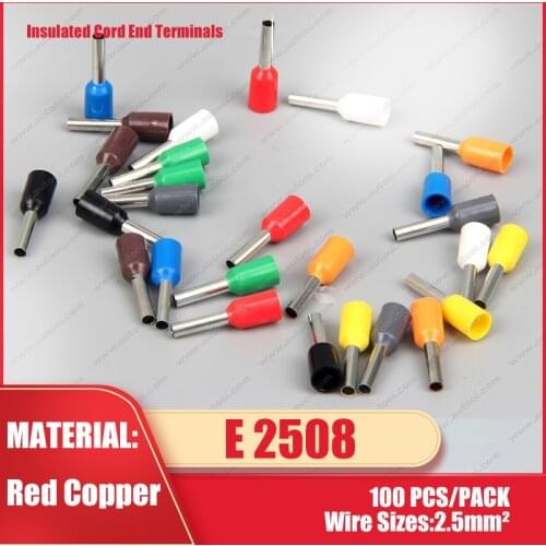 100pcs/pack E2508 Cord End Insulated Terminals Wire Connectors Bootlace Ferrules For 2.5mm2 14 AWG 8mm of Pin Length Brass tube