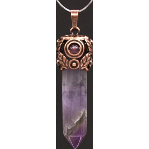100-Unique 1 Pcs Copper Plated Leaf Hexagon Column Natural Amethysts Stone Pendant Antique Jewelry