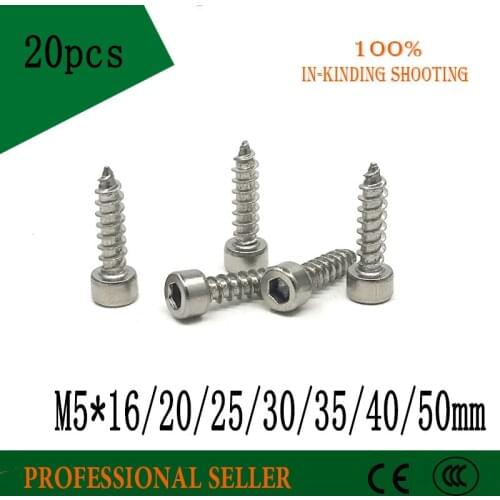 20pcs Free shipping M5 *16/20/25/30/35/40/50 mm 304 stainless steel Hexagon Socket Cap Head self tapping screw Model Screw