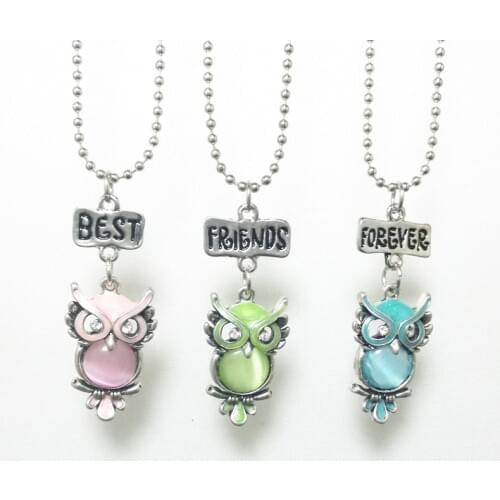 Children Best Friends Forever Colorful Crystal Owl 3 Pendant Friendship Necklace Friendship Jewelry Gifts For Kids 3PCS/Set