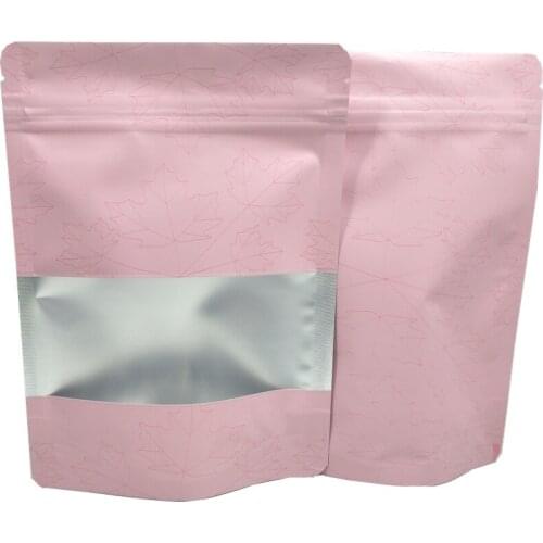 500Pcs Pink Maple Leaf Stand Up Clear Window Aluminum Foil Package Bag Zip Lock Tear Notch Zipper Storage Bag Dried Flower Nuts