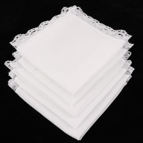 5 pcs White Cotton Handkerchiefs Blank Lace Hankies for Wedding, Pocket Square For Men & Women 23x25cm
