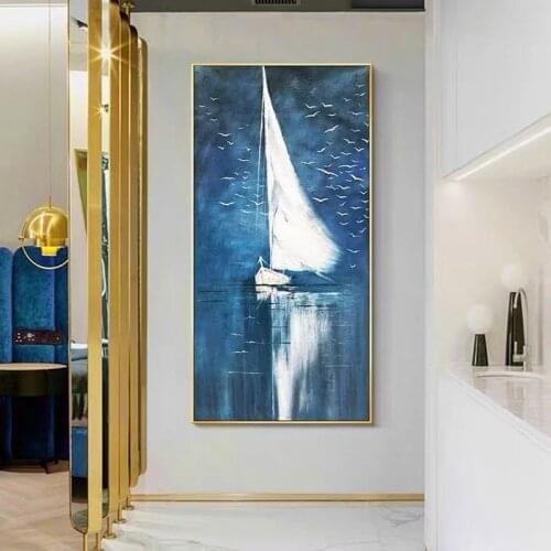 Frameless White Boat Sailing Hand Painted Large Size Pictures Decoracion Canvas Oil Painting Wall Art Decor For Living Room
