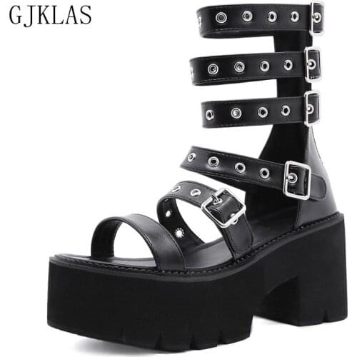 High Heels Plus Size 43 Platform Sandals Punk Casual Shoes Women Black Chunky Heels Fashion Womens Leather Shoes Sandals Heel