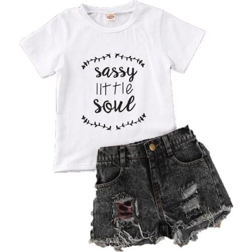 1-6Y Kid Baby Girls Clothes Sets Letter Print Short Sleeve T Shirts Tops+Denim Shorts 2pcs