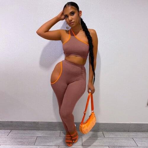 DSMTRC Ribbed Patchwork 2 Pieces Bodycon Sexy Sporty 2021 Summer Tracksuit Single Shoulder Crop Top Hollow Out Leggings Set