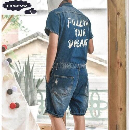Summer Short Sleeved One Piece Men Jeans Jumpsuits Single Breasted Denim Overalls Boys Knee Length Shorts Ripped Washed Trousers