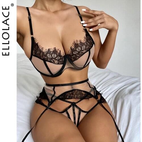 Ellolace Sexy Sensual Lingerie 3 Piece Transparent Patchwork Lace Underwear Push up Underwire Bra Set Lace Exotic Intimate