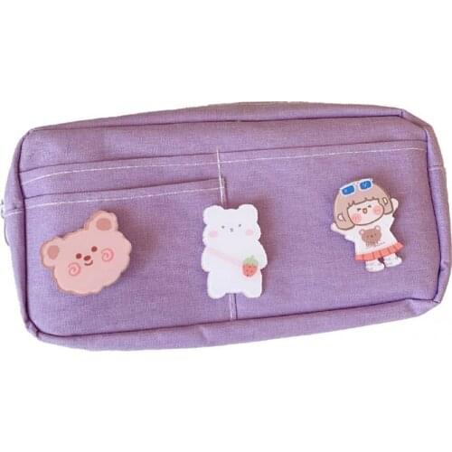 Hot Sale！Multifunctional Stationery Bag Large Capacity Comfortable Canvas Pencil Pouch with Lovely Badge for Students