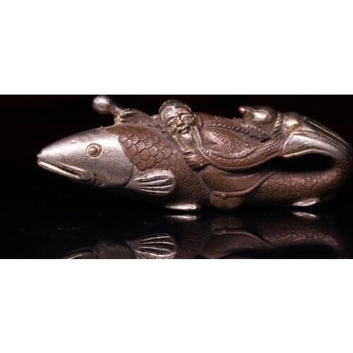 Wedding decoration Collection of old red copper hand-beating, engraved gilt silver fisherman carp statue The meaning of fish