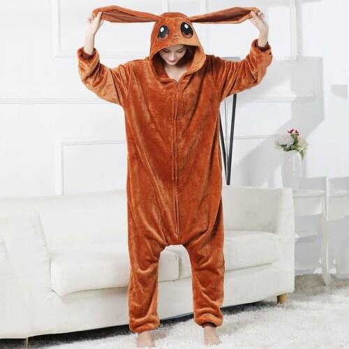 Long Ears Rabbit Women Animal Onesie Sleepwear Kigurumis Pajama Funny Suit Rompers Unisex Flannel Homewear Brown Costume Apparel