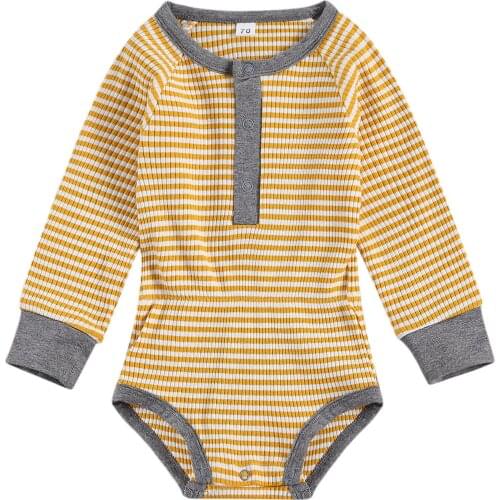 0-18M Newborn Baby Girls Boys Stripe Romper, Long Sleeve Round Buttoned Collar Triangle Crotch Nipped Waists for Autumn