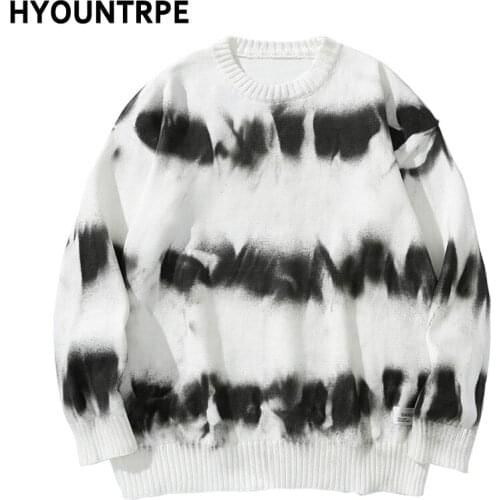 Mens Hip Hop Streetwear Tie-dyed Sweater Autumn Winter New O-neck Knitted Sweaters Cotton Tops Harajuku Casual Pullover Sweater