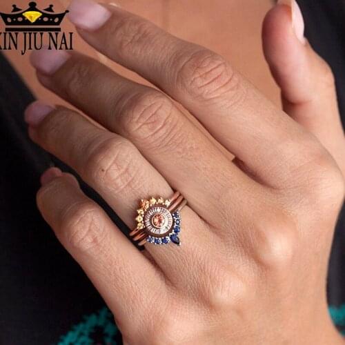 3 pcs Set Rose Gold 925 sterling silver Three-piece Rings for Women Elegant Chic Gem Zircon Wedding Rings Jewelry Vintage round