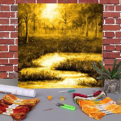 Natural Scenery Golden Evening Printed Fabric 11CT Cross Stitch DIY Embroidery Kit DMC Threads work Painting Craft Package