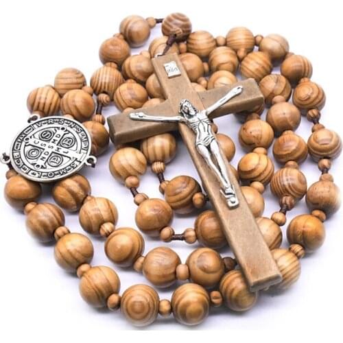 Saint Benedict CSPB Medal Wooden Bead Chain Rosary Necklace Catholic NRI Large Cross Pendant Necklaces Religious Wall Decor Gift