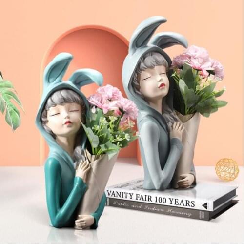 Modern Rabbit Ear Girl Vase Resin Ornaments Home Livingroom Figurines Crafts Office Desktop Flower Arrangement Statue Decoration