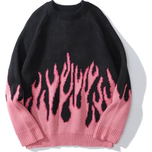 Vintage Flame Sweater Women Kpop Harajuku Knitted Pullover Sweaters for Woman 2020 Winter Warm Oversize Casual Men Female Jumper