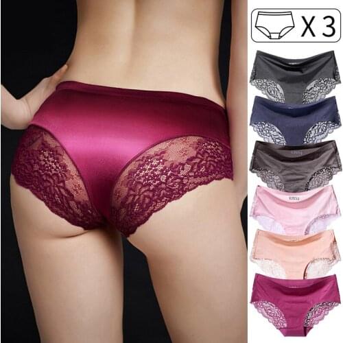 3Pcs Women Panties Seamless Briefs Ice Silk Sexy Lace Girls Underwear High Quality Underpants Intimates Size M-XXL