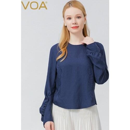 VOA Casual Solid Women T-shirt Lantern Sleeve O-Neck Pullover Loose Tops Silk Jacquard Fashion Office Ladies Top Chic 2021 BE736