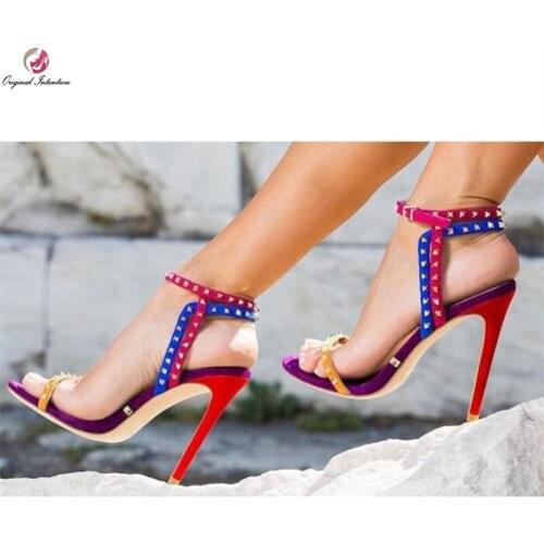 Original Intention Stylish New Mixed Color Red Blue Rivets Sandals Woman Open Toe Sexy Stiletto High Heels Popular Shoes Female