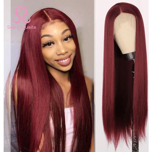 SUe EXQUISITE Synthetic lace front wig Long Straight lace front wigs for women 26 inch Wine Red Wigs Black Cosplay wig cruella