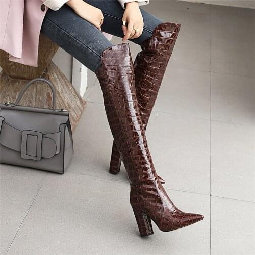 Band Designer Pointed Toe Knee High Boots Winter Woman Shoes Block High Heel Riding Long Faux Leather Boots Women Brown White