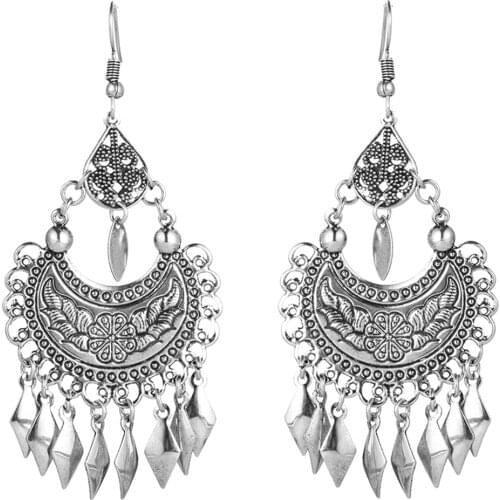 Indian jewelry Ethnic silver color metal tassel pendant earrings for women Bohemian moon shaped flower totem drop earring gifts