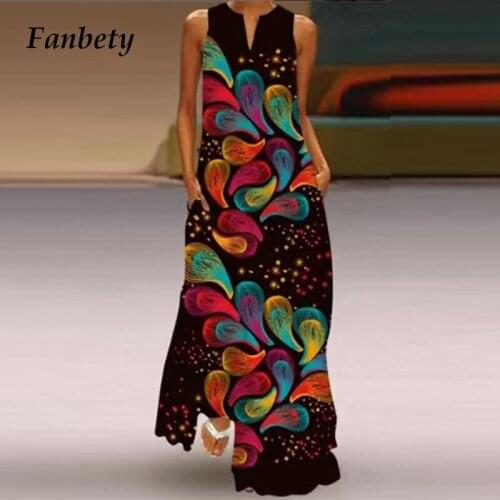 Vintage Floral Print Long Party Dress Women Elegant V-Neck Sleeveless A-Line Dresse Summer Ladies Fashion Casual Loose Dress 5XL