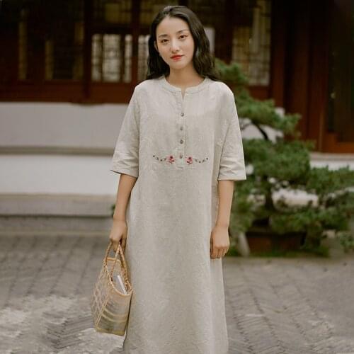 Original Retro Women Embroidery Floral Shirt Dresses Summer Linen Robes 2021 New Half Sleeve Vintage Dress Loose Chinese Style