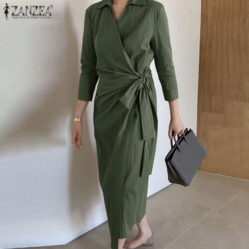 ZANZEA Elegant Women Lapel Neck 3/4 Sleeve Solid Mid-calf Dress Fashion Spring Lace Up Work Party Vestidos OL Sundress