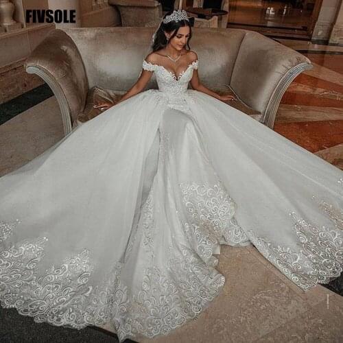 Fivsole Short Sleeves Mermaid Wedding Dress 2021 Elegant Appliques Bride Dress Detachable Train Wedding Gown Vestido De Novia