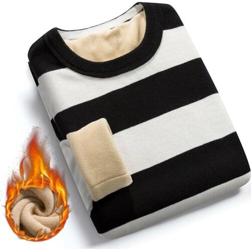 Winter Sweater For Men Plus Velvet 2020 New Stripe Thick Keep Warm Student Male Knitted Pullover Sweater Teenage Boys M61