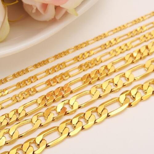 Gold filled Mens Italy Carved Flat Figaro Iced Out Hip Hop Gold color Necklace Bracelet Chain Necklace men boys Jewelry gift