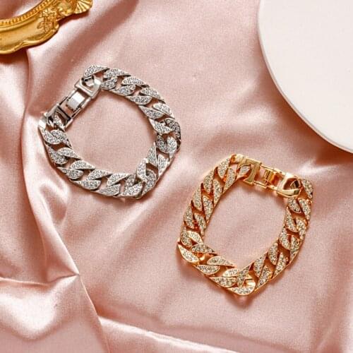 1PCS Cuban Thick Link Chain Bracelet Bling Punk Luxury Crystal Bracelets For Women Men Jewelry Gold Color Rhinestone Bangles