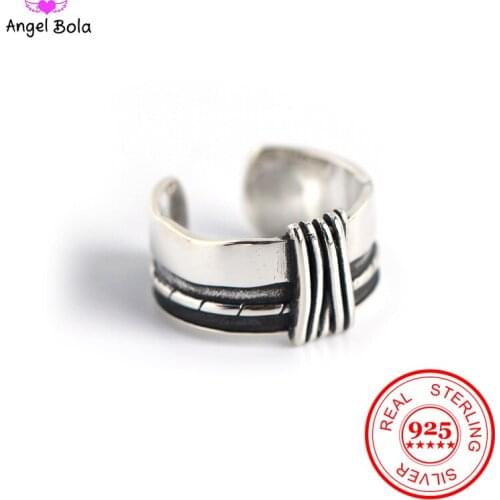100% Authentic 925 Sterling Silver Open Rings Retro Geometric Knotted Wide Face Elegant Jewelry Buddha Ring Street Shoot Party