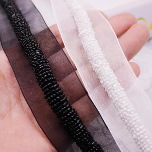 20yards/lot white black craft beaded fake pearls lace trim bead lace ribbon neckline costume applique sewing on clothes