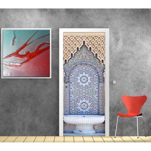 3D Door Sticker Fountain East Mural Wall Sticker DIY Door Cover Kitchen Home Decoration Accessories Modern 3d Wall Stickers