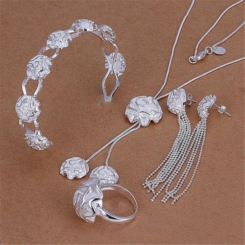 925 sterling Silver Jewelry set rings Bracelets necklaces earring stud for women rose flower bangle Party wedding Christmas gift